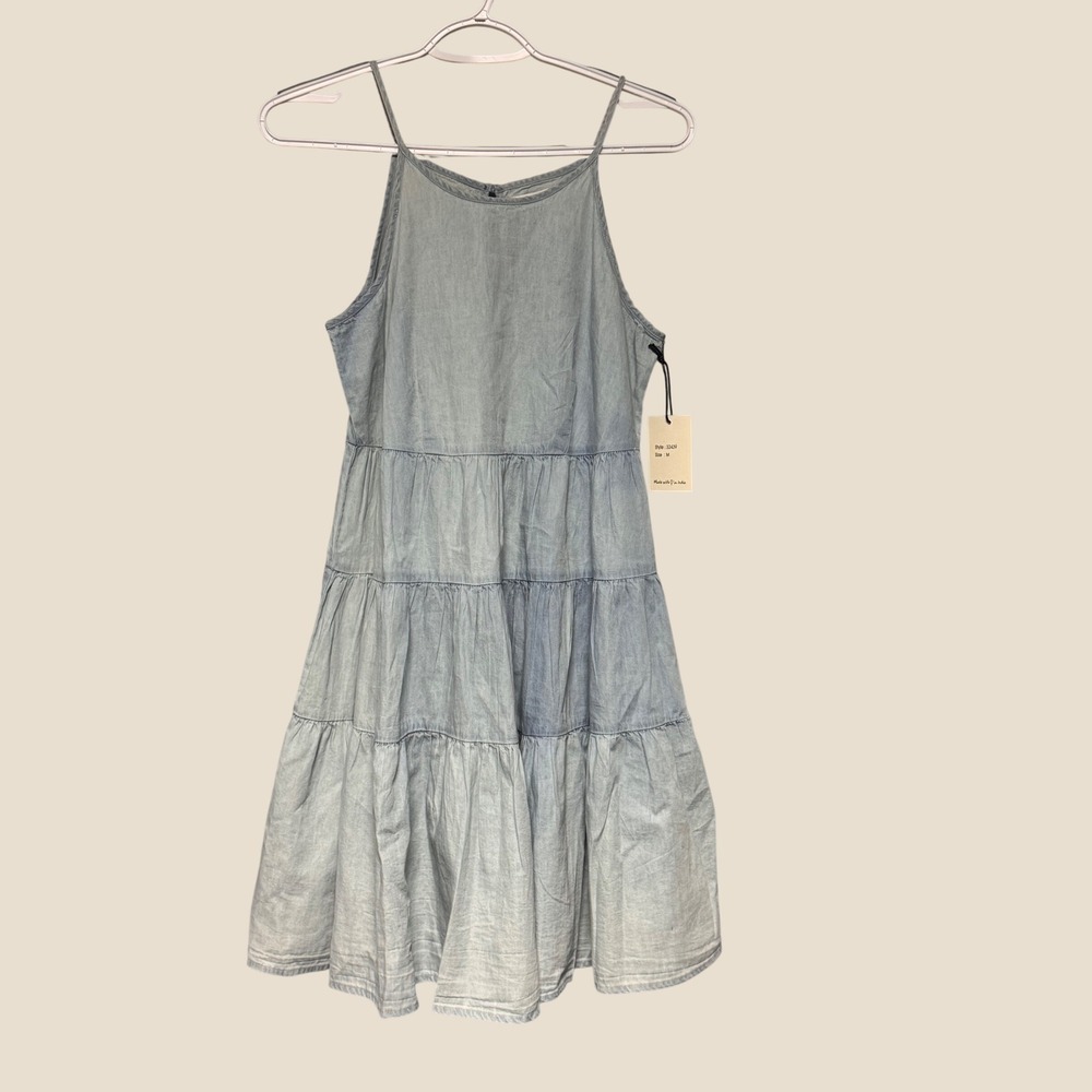 Japna Women Light Wash Denim Look Tiered Mini Dress Halter Neck Blue Size M NEW